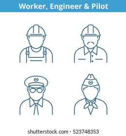 Occupations avatar set: pilot, stewardess, engineer, worker. Flat line professions userpic collection. Vector thin outline icons for profiles, web design, social networks and infographics.