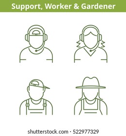 Occupations avatar set: support operator, workman, gardener. Flat line professions userpic collection. Vector thin outline icons for profiles, web design, social networks and infographics. 