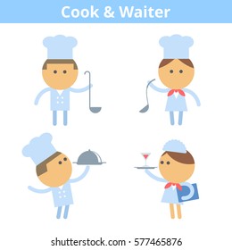 Occupations cartoon character set: cook, chef and waiter. Vector flat kitchen, restaurant, cooking professions userpic and icons. Collection for profiles, web design, social networks and infographics.