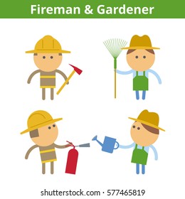 Occupations cartoon character set: fireman, firefighter and gardener worker. Vector flat rescue and care professions userpic and icons. Collection for profiles, web, social networks and infographics.