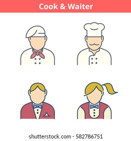 Occupations colorful avatar set: cook, chef, waiter, baker. Flat line professions userpic collection. Vector color thin outline icons for profiles, web design, social networks and infographics.