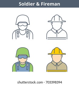 Occupations colorful avatar set: fireman, soldier. Flat line professions userpic collection. Vector thin outline icons for user profiles, web design, social networks and infographics.