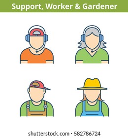 Occupations colorful avatar set: support operator, workman, gardener. Flat line professions userpic collection. Vector color thin outline icons for profiles, web, social networks and infographics.