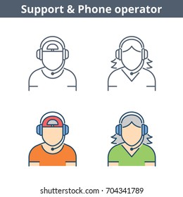 Occupations colorful avatar set: support operator. Flat line professions userpic collection. Vector thin outline icons for user profiles, web design, social networks and infographics.