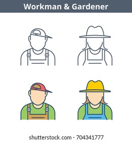Occupations colorful avatar set: workman, gardener. Flat line professions userpic collection. Vector thin outline icons for user profiles, web design, social networks and infographics.