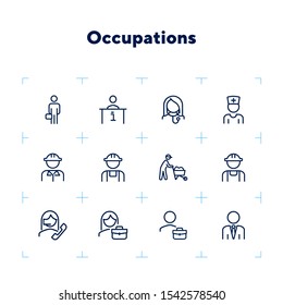 Occupations line icon set. Set of line icons on white background. Businessman, construction worker, doctor. Working concept. Vector illustration can be used for topics like career, professional growth