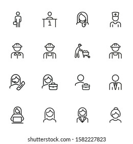 Occupations line icon set. Set of line icons on white background. Businessman, construction worker, doctor. Working concept. Vector illustration can be used for topics like career, professional growth