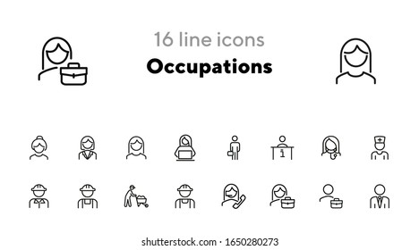 Juego de iconos de la línea Ocupaciones. Conjunto de iconos de línea en fondo blanco. Empresario, trabajador de la construcción, doctor. Concepto de trabajo. La ilustración vectorial puede utilizarse para temas como carrera, crecimiento profesional