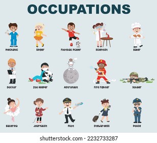 Occupations poster for children. Preschool activity sheet. Vector file.