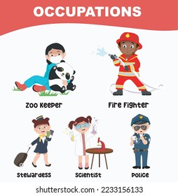 Occupations poster for children. Preschool activity sheet. Vector file. Jobs poster for kindergarten classroom. Introducing jobs to kids 