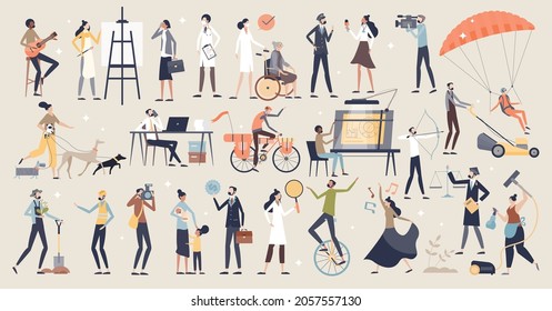 Occupations and professional work and job choice items tiny person concept. Various employees from medical nurse and doctor to pilot and architect vector illustration. Labor variety in mini scenes.