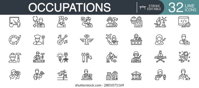 Occupations and professions line icon vector set featuring various career characters, jobs, and employee avatars with editable stroke.