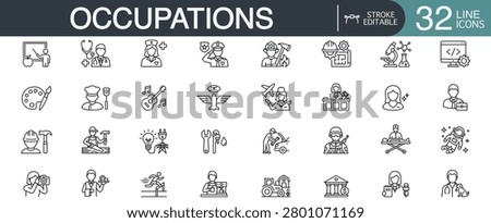 Occupations and professions line icon vector set featuring various career characters, jobs, and employee avatars with editable stroke.