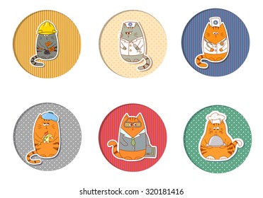 Occupations set. Collection of cartoon cat characters isolated on white background. 