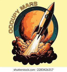 Occupy mars and rocket design illustration