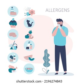 Occurrence of allergic reaction to various products. Man suffers from allergy to dust or pollen. Guy with severe runny nose due to animal fur allergy. Different types of allergens. Vector illustration