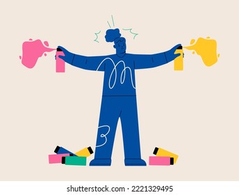 OCD Concept  With Woman Fighting With Dirt Using Home Cleaning Products. Colorful Vector Illustration
