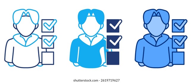 Icono de OCD representado por el hombre, lista de verificación Azul, Dualline, estilo Dualtone.