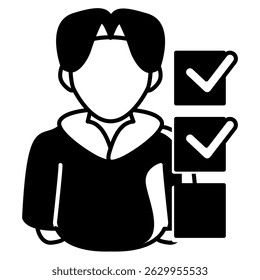 Icono de OCD representado por el hombre, lista de verificación Estilo relleno negro.