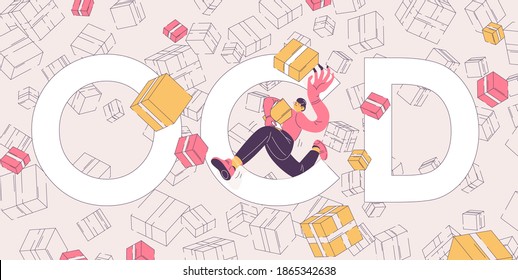 OCD-Schrift mit dem Mann zu versuchen, jede Schachtel zu fangen. Sammeln und Kaufen zwanghafter Störung. Vektorgrafik über psychische Gesundheit