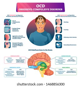 Trastorno obsesivo compulsivo OCD etiquetado explicación ilustración vectorial. Trastorno médico y enfermedad mental infográfica con síntomas, esquema de cambios cerebrales médicos e indicación del comportamiento de la enfermedad.