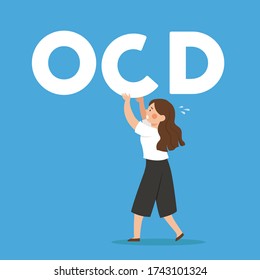 OCD Obsessive Compulsive Disorder Mental Illness Man Woman Fixing Disoriented Word Vector Illustration