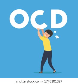 OCD Obsessive Compulsive Disorder Mental Illness Man Woman Fixing Disoriented Word Vector Illustration