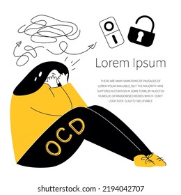 OCD symptoms, fear and intrusive thoughts of ON or OFF. Vector illustration with girl has got obsessive compulsive disorder, neurosis discomfort and panic attack.