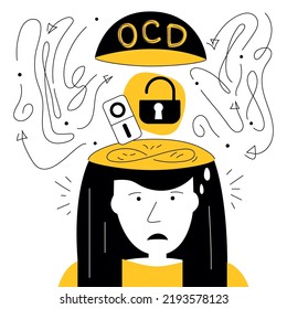 Síntomas OCD, la niña tiene miedo y pensamientos intrusivos para el bloqueo, ON o OFF. Concepto de ilustración de vector de trastorno compulsivo obsesivo con molestias de neurosis, ataque de pánico.