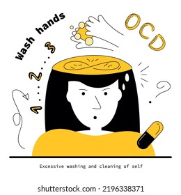 OCD symptoms, women has fear and intrusive thoughts for obsessive wash hands. Vector illustration obsessive compulsive disorder with neurosis discomfort, panic attack.