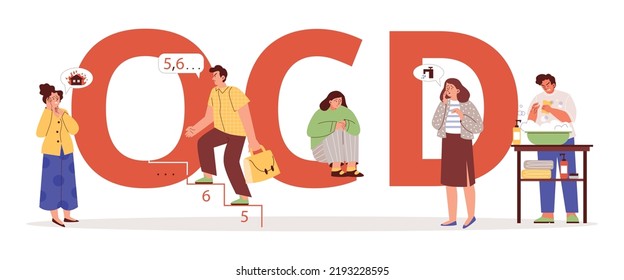 OCD typographic header, flat vector illustration. People with obsessive compulsive disorder worrying, cleaning and counting stairs. Mental health and psychology concepts.