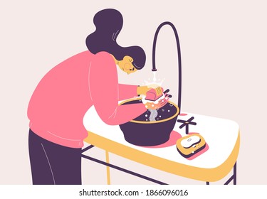 OCD woman cleaning hands. Obsessive compulsive disorder about clean and ritual to defeat panic and fear. Vector concept illustration about mental health