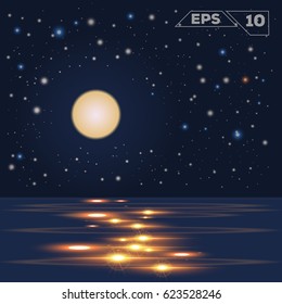 oceain in night moon with stars illustration vector design