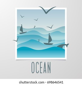 Ocean abstract overlapping illustration of waves with ships, birds and whales. Includes text Ocean.