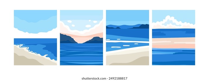 Cartel abstracto del océano. Conjunto de paisaje marino, arte contemporáneo Plantilla de impresión, Fondos de naturaleza para redes sociales. Fondo de vacaciones de estilo minimalista, playa costera de verano. Ilustración plana de Vector