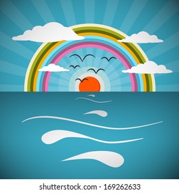 Ocean Abstract Retro Vector Illustration with Sun, Birds, Rainbow