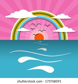 Ocean Abstract Sunset, Sunrise Vector Illustration with Sun, Birds, Rainbow 