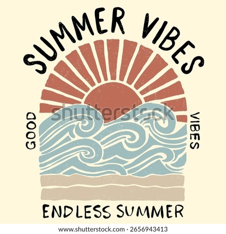 Ocean abstract wave art. Here come the sun. Summer vibes artwork. Surf club design. Beach modern abstract art. Wave, surfing board, sun, flower and palm tree artwork, vintage feel