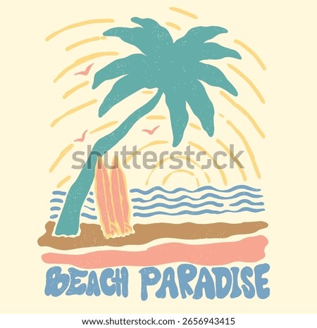 Ocean abstract wave art. Here come the sun. Summer vibes artwork. Surf club design. Beach modern abstract art. Wave, surfing board, sun, flower and palm tree artwork, vintage feel