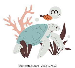 Ocean acidification. Environmental crisis, water acidification with carbon dioxide, seawater contamination. Sea turtle fish and corals toxic habitat area. Flat vector illustration