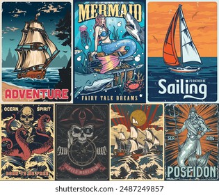 Ocean adventure colorful set posters with ships and skeletons of sunken pirates near mermaid and kraken or Poseidon vector illustration