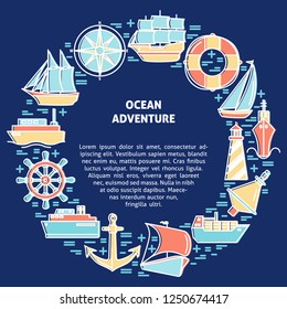Ocean adventure round concept with ship icons in line style