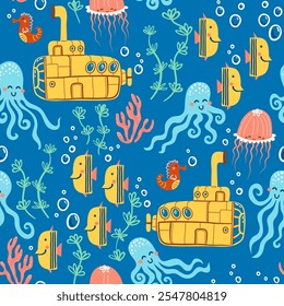 Ocean adventure vector seamless pattern. Underwater expedition cartoon illustration. Whimsical design with cute submarine, friendly octopus, playful fish, and baby jellyfish, perfect for kids products