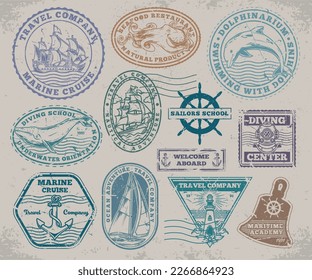 Ocean adventure vintage set emblems colorful with sailing ships for cruise tour companies or diving schools and oceanariums vector illustration