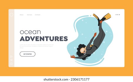 Plantilla de la página de aterrizaje de Ocean Adventures. Personaje femenino experimentado del buzo explora maravillas submarinas, descubriendo vida marina, tesoros y el mundo submarino. Ilustración de vectores de personas de caricatura