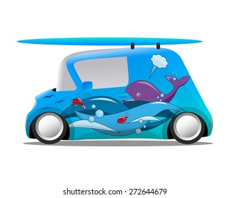 ocean aerography mini cartoon car with a surfboard, vector illustration.