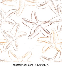 Ocean Alga Seastar and Bubbles Isolated on White Background. Vector doodle seamless pattern