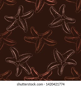 Ocean Alga Seastar and Bubbles Isolated on White Background. Vector doodle seamless pattern