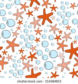 Ocean Alga Seastar and Bubbles Isolated on White Background. Vector colorful doodle seamless pattern