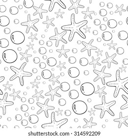 Ocean Alga Seastar and Bubbles Isolated on White Background. Vector doodle seamless pattern